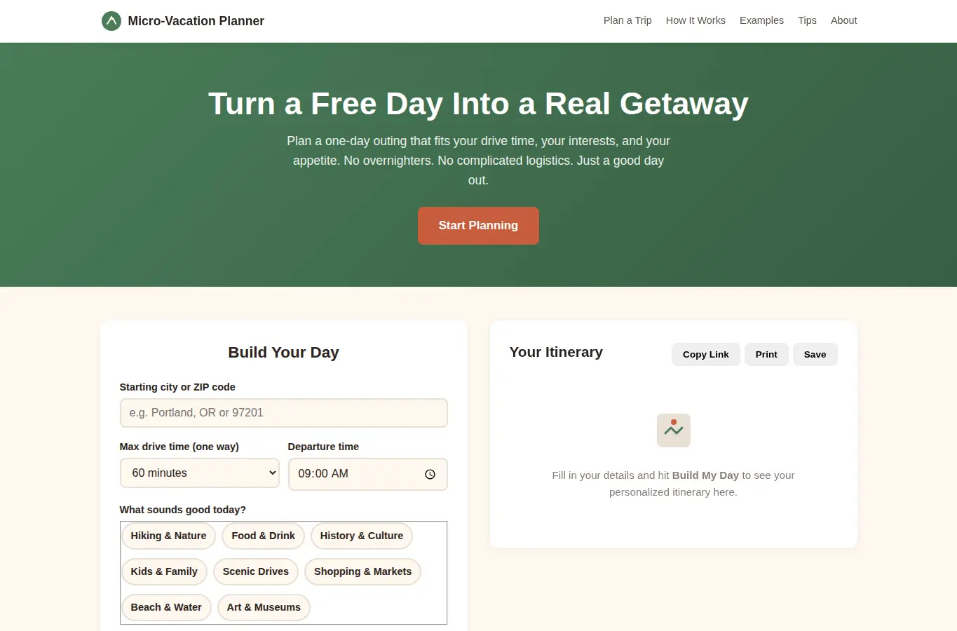 Screenshot of Micro-Vacation Day Trip Planner interface showing the project page in use